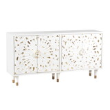 4 Door Wooden Sideboard with Engraved Sunburst Design Front, White and Gold B05671808