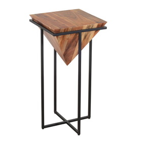 30 inch Pyramid Shape Wooden Side Table with Cross Metal Base, Brown and Black B05671810