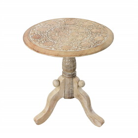 Intricately Carved Round Top Mango Wood Side End Table with Pedestal Base, Brown and White B05671824