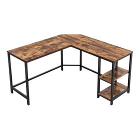 L Shape Wood and Metal Frame Computer Desk with 2 Shelves, Brown and Black B05671840