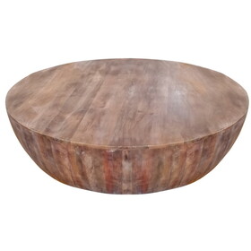 Handcarved Drum Shape Round Top Mango Wood Distressed Wooden Coffee Table, Brown B05671847