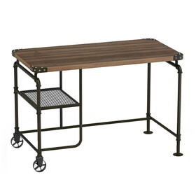Industrial Metal Writing Desk with Wooden Top, Brown and Black B05671849