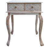 2 Drawer Mango Wood Console Table with Floral Carved Front, Brown and White B05671850