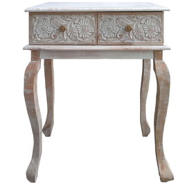 2 Drawer Mango Wood Console Table with Floral Carved Front, Brown and White B05671850