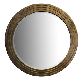 Round Layered Wooden Frame Decor Wall Mirror with Hand Carved Texture, Brown B05671852