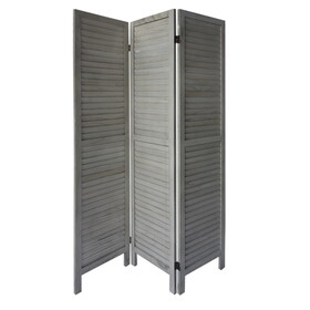 67 inch Paulownia Wood Panel Divider Screen, Shutter Design, 3 Panels, Distressed Gray B05671857