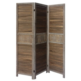 67 inch Paulownia Wood Panel Divider Screen, Shutter Design, 3 Panels, Distressed Brown B05671858