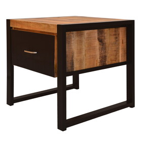 24 inch Single Drawer Mango Wood Bedside Table, Iron Sled Style Base, Brown, Black B05671895