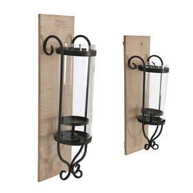 21 inch Industrial Wall Mount Wood Candle Holder with Glass Hurrican, Set of 2, Black B05671929