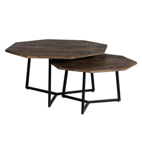 35, 28 inch 2 Piece Nesting Coffee Table Set, Octagon Top, Mango Wood, Brown and Black B05671937