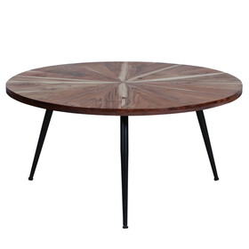 31 inch Round Mango Wood Coffee Table, Sunburst Design, Tapered Iron Legs, Brown, Black B05671939