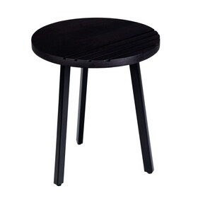 18 inch Round Mango Wood Side End Table, Grooved Design, Metal Legs, Black B05671996