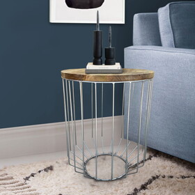 25 inch Mango Wood Round Side End Accent Table, Tapered Slatted Cage Design, Handcrafted, Natural, Chrome B05672131