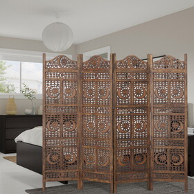Hand Carved Sun and Moon Design Foldable 4 Panel Wooden Room Divider, Brown B05672872