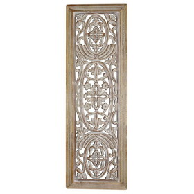 Rectangular Mango Wood Wall Panel Hand Crafted with Intricate Carving, White and Brown B05691087