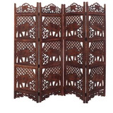 Hand Carved Elephant Design Foldable 4 Panel Wooden Room Divider, Brown B05691093