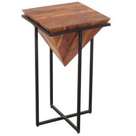 26 inch Pyramid Shape Wooden Side Table with Cross Metal Base, Brown and Black B05691123