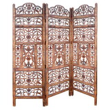 Handcrafted 3 Panel Mango Wood Screen with Cutout Filigree Carvings, Brown B05691125