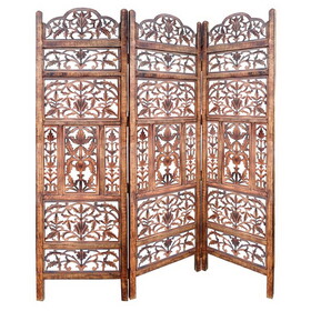 Handcrafted 3 Panel Mango Wood Screen with Cutout Filigree Carvings, Brown B05691125