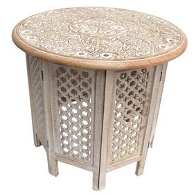 Mesh Cut Out Carved Mango Wood Octagonal Folding Table with Round Top, Antique White and Brown B05691133