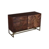 Alice 50 inch Herringbone Inlaid 1 Door Wood Sideboard Buffet Cabinet, 3 Drawers, Metal Frame, Brown B05691169