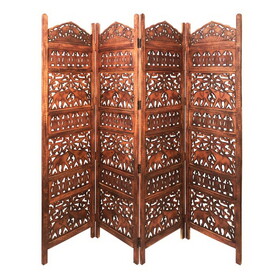 80 inch Handcrafted 4 Panel Carved Wood Room Divider Screen, Intricate Cutout Details, Brown B05691182