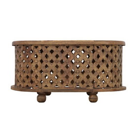 36 inch Handcrafted Oval Coffee Table, Intricate Cutout Design, Antique Brown B05691183
