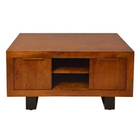 36 inch Wooden Industrial Coffee Table with Open Compartments and Sled Base, Brown B05691192
