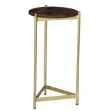 Brita 12 inch Cocktail Accent Table, Round Wood Top, Triangular Gold Base, Brown, Brass B05691226