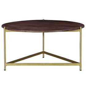 Ellis 32 inch Round Wood Coffee Table with Brass Metal Base, Brown, Matte Gold B05691228