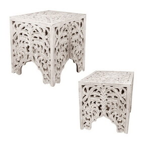 Wooden End Table with Floral Cut Out Design, Set of 2, Antique White B05691234