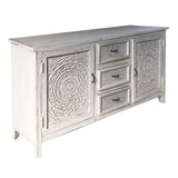 Olta 64 inch Handcrafted Farmhouse Carved Sideboard Console Buffet, Mango Wood, 2 Engraved Doors, 3 Drawers, Antique White B05691235