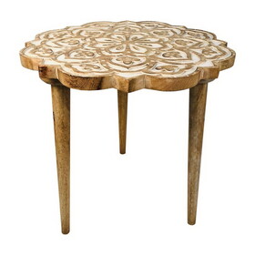 18 inch Handcrafted Mango Wood Side End Table, Floral Carved Top, Tripod Base, Antique Brown, White B05691236