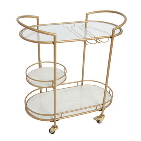30 inch 3 Tier Bar Cart with Matte Gold Metal Frame, White Marble and Glass Shelves B05691239