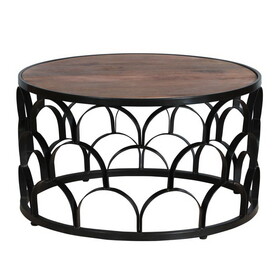 32 inch Round Coffee Table, Mango Wood Top, Lattice Cut Out Metal Frame, Brown, Black B05691253
