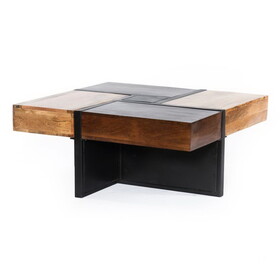 36 inch Handcrafted Square Mango Wood Coffee Table, Iron Frame, Cherry, Natural, Black B05691254