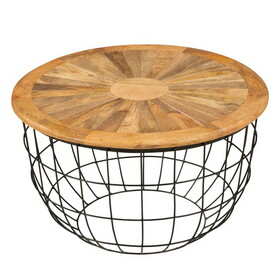 Round Mango Wood Coffee Table with Wooden Top and Nesting Basket Frame, Brown and Black B05691271