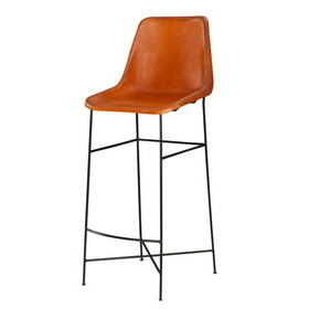 Bar Height Chair with Genuine Leather Upholstery, Tubular Frame, Tan Brown, Black B05691273
