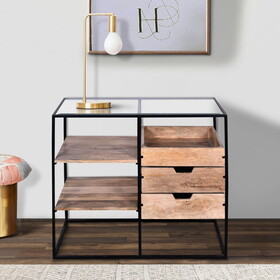 35 inch Handcrafted Modern Glass Table, Storage Shelves, 3 Drawers, Metal Frame, Natural Brown and Black B05691275