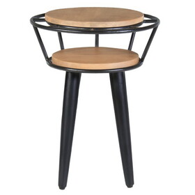 20 inch Handcrafted Industrial End Table, 2 Tier Round Wood Shelves, Metal Frame, Oak Brown and Black B05691280