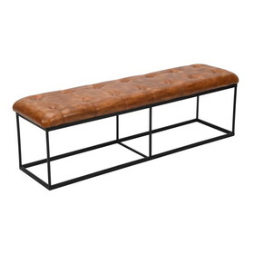 60 inch Artisanal Tufted Accent Bench, Genuine Leather Upholstery, Metal Frame, Caramel Brown, Black B05691286