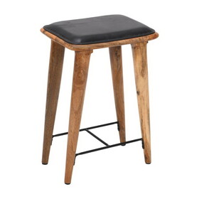 25 inch Counter Height Bar Stool, Genuine Leather Seat, Mango Wood Frame, Black, Brown B05691291