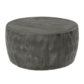 Val 34 inch Handcrafted Mango Wood Coffee Table, Hammered Round Drum Shape, Honeycomb, Rustic Gray B05691302