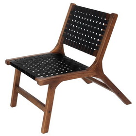36 inch Mango Wood Accent Chair, Woven Genuine Leather Seat, Walnut Brown, Black B05691310