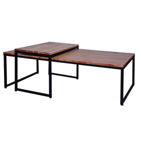 48, 27 inch 2 Piece Rectangular Wood Nesting Coffee and End Table Set, Sled Metal Base, Brown, Black B05691319