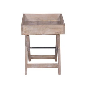 22 inch Farmhouse Square Tray Top End Table, Mango Wood, x Shape Foldable Frame, Washed White B05691325