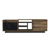 71 inch Modern Wooden TV Console Cabinet, 2 Doors, 4 Open Compartments, Walnut and Black B05691337