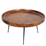 Round Mango Wood Coffee Table with Splayed Metal Legs, Brown and Black B056P158007