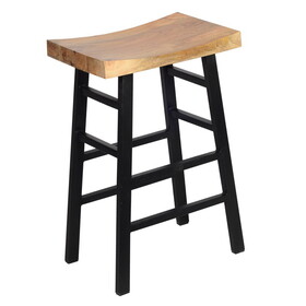 30 inch Barstool with Saddle Style Wood Seat, Ladder Base, Brown and Black B056P158012