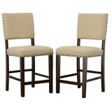 25 inch Counter Height Chairs, Set of 2, Brown Solid Wood Frame, Beige Linen Upholstery with Nailhead Trim B056P158020
